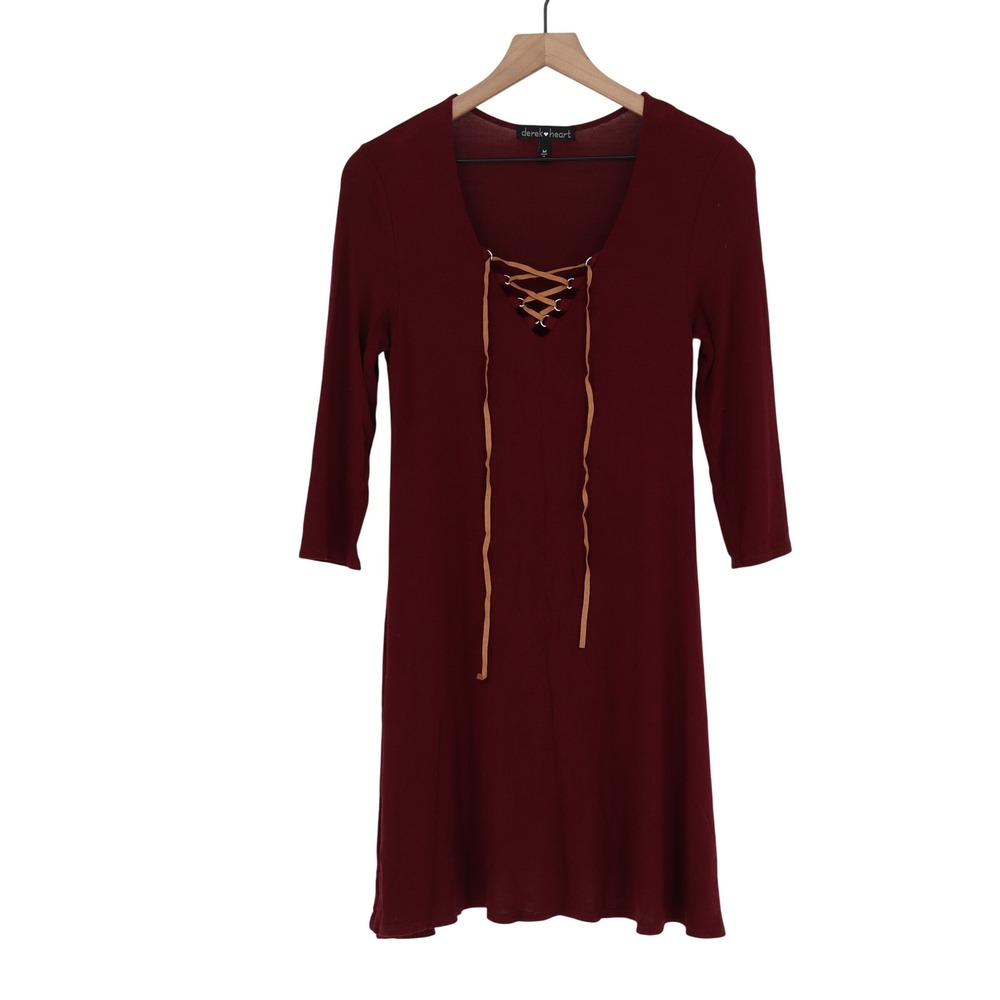 Derek Heart Dress Womens M Burgundy Lace Up 3/4 Sleeve Excellent